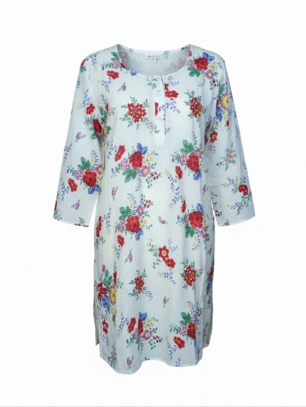 Vintage Goa Floral Print Crochet Trim Tunic Top White with Red Roses NWT Sz L